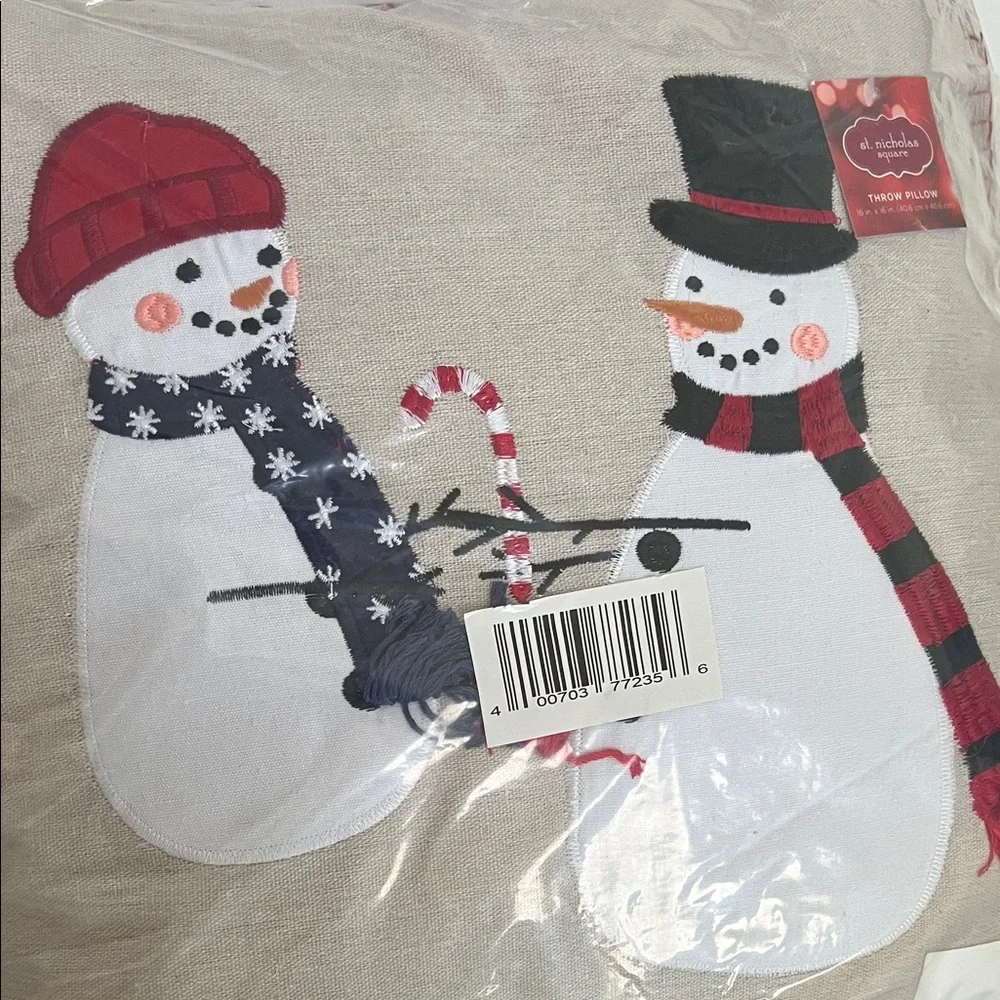 St. Nicholas Square Festive Snowman Pillow - Beige, Red, And White